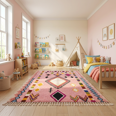 Authentic Handmade Boujaad Rug – Plush 100% Wool Moroccan Area Rug for Pink Boho Living Room Decor