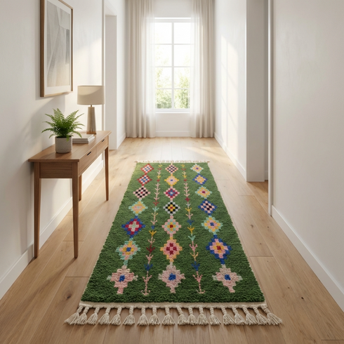 Handmade Green Rug - Colorful Geometric Carpet