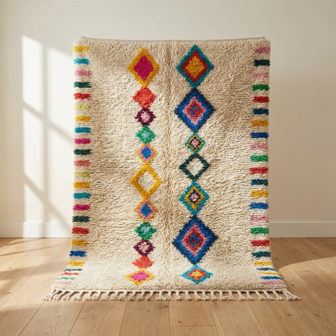 Azilal Rug – Multicolor Shaggy Diamond Wool Area Rug