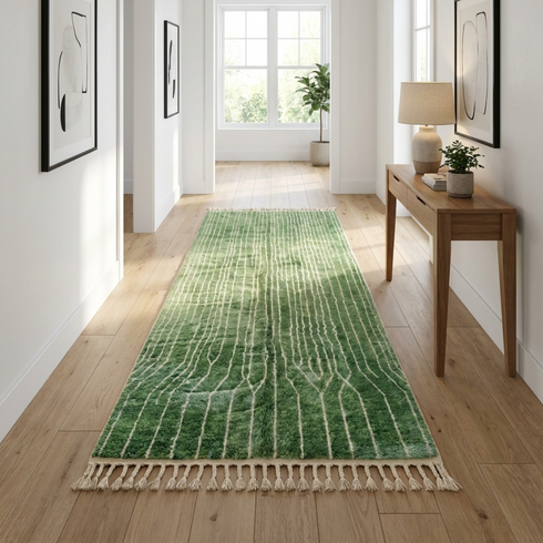 Modern Moroccan Wool Rug – Plush Shaggy Berber Rug with Sage Green Geometric Design for Boho Decor