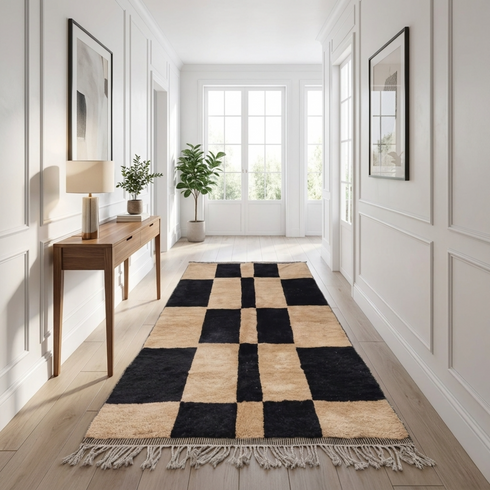 Moroccan Berber Rug – Black & Cream Plush Checkered Wool Area Rug