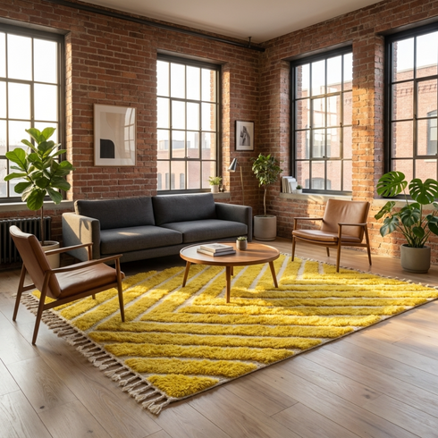 Vibrant Moroccan Wool Rug – High Pile 100% Wool Rug with Yellow Chevron Boho Design