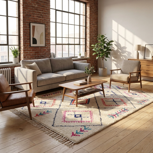 Handmade Azilal Rug - High Pile Natural Wool - Vibrant Geometric Boho Living Room Decor