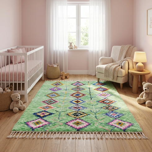 Handmade Azilal Moroccan Rug – Vibrant Shaggy Wool Rug with Sage Green Tribal Diamond Design