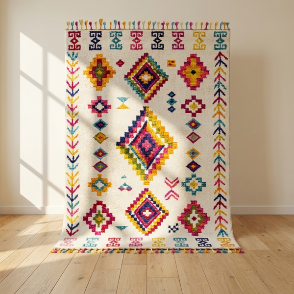 Handmade Azilal Rug - Vibrant 100% Wool - Geometric Boho Living Room Decor