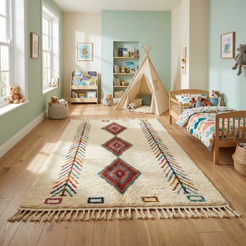 Handmade Azilal Rug – Plush Wool Boho Rug with Vibrant Geometric Moroccan Design