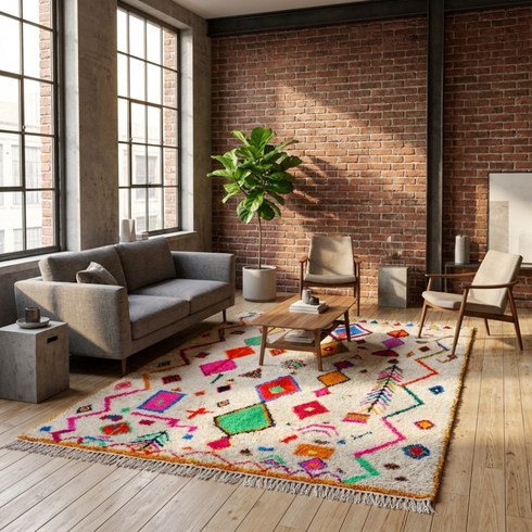 Handmade Azilal Rug - Vibrant Shaggy Wool - Colorful Geometric Boho Area Rug