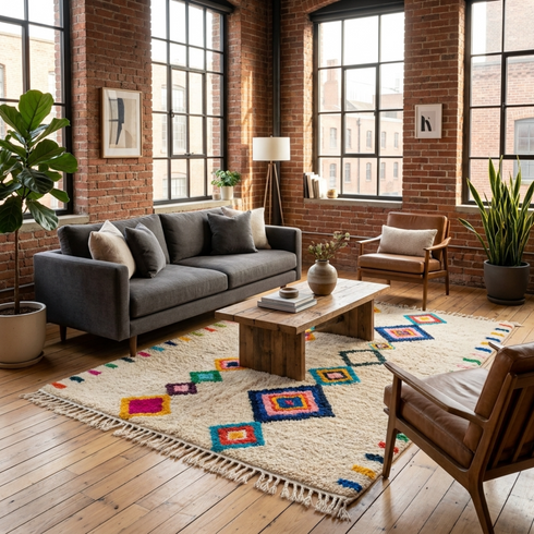 Handmade Azilal Rug - Plush High Pile Wool - Vibrant Geometric Boho Living Room Decor