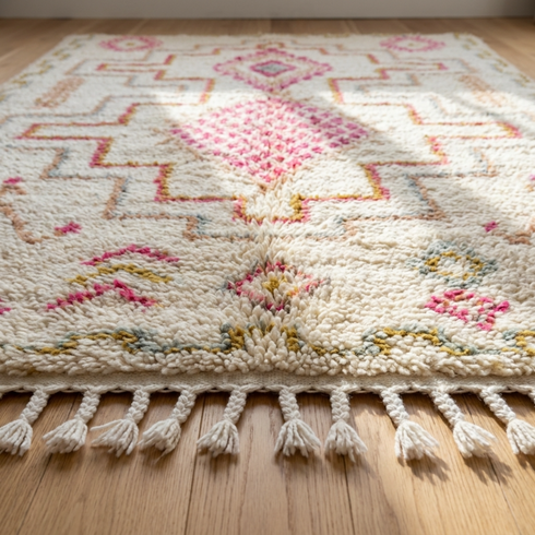 Handmade Azilal Rug - Shaggy Natural Wool - Vibrant Boho Living Room Decor - Pink Geometric Pattern