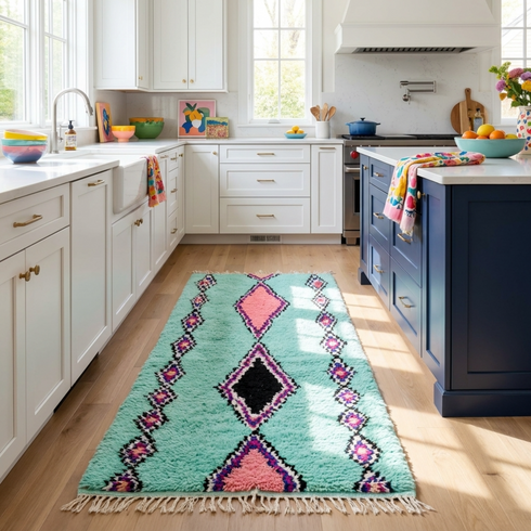 Handmade Azilal Rug – Colorful Shaggy Wool Area Rug with Vibrant Geometric Pattern