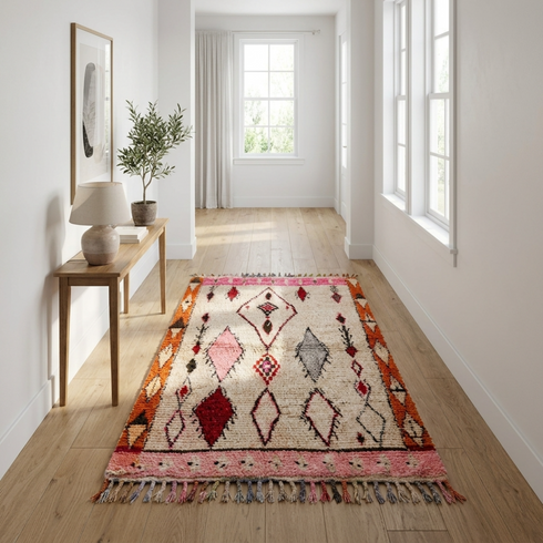 Handmade Boujaad Rug - Shaggy Plush Wool - Vibrant Boho Living Room Decor - Geometric Tribal Design
