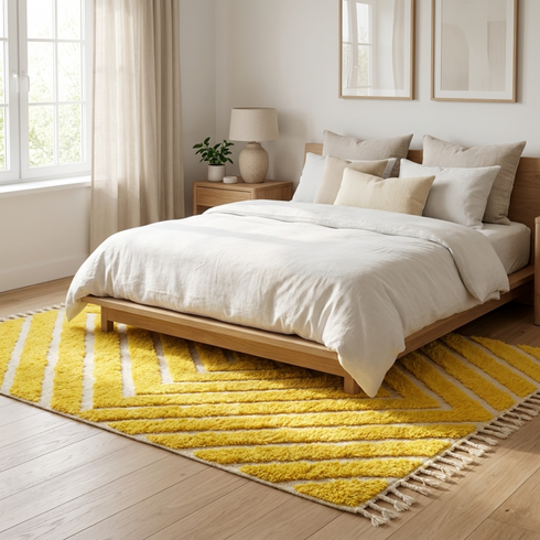 Vibrant Moroccan Wool Rug – High Pile 100% Wool Rug with Yellow Chevron Boho Design