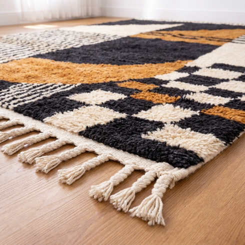 Authentic Moroccan Rug – High Pile Natural Wool Area Rug with Modern Abstract Geometric Pattern for Living Room Decor
