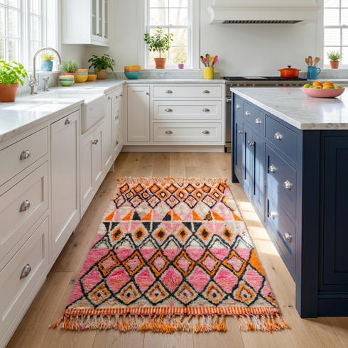 Handmade Boujaad Rug - Plush 100% Wool - Vibrant Boho Living Room Decor - Pink & Orange Geometric Pattern