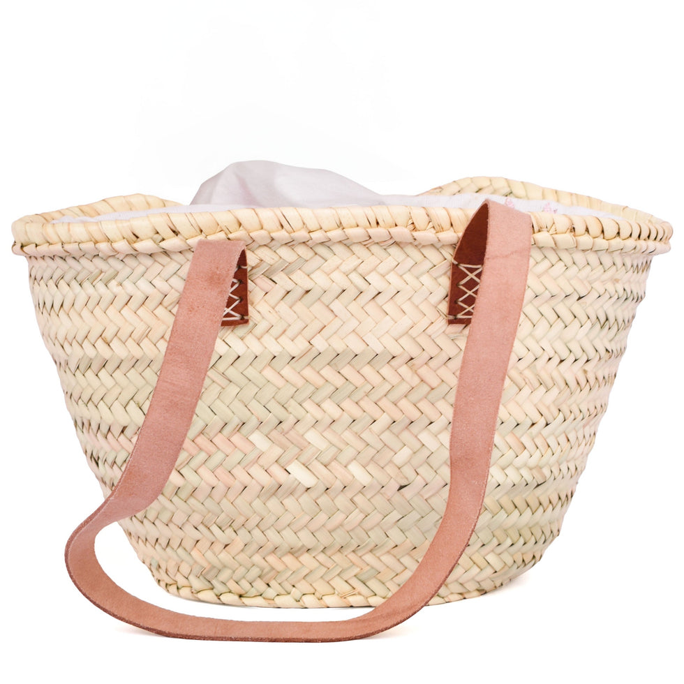 Straw Beach Basket – Moroccan Bag, Pink Suede Straps