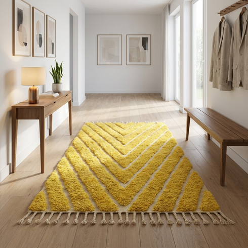 Vibrant Moroccan Wool Rug – High Pile 100% Wool Rug with Yellow Chevron Boho Design