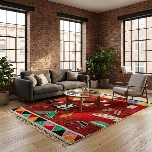 Authentic Boujaad Moroccan Rug – Plush Natural Wool Rug with Colorful Abstract Tribal Berber Design