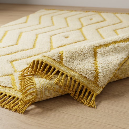 Modern Moroccan Berber Rug – Soft High Pile Wool Rug with Geometric Yellow Pattern
