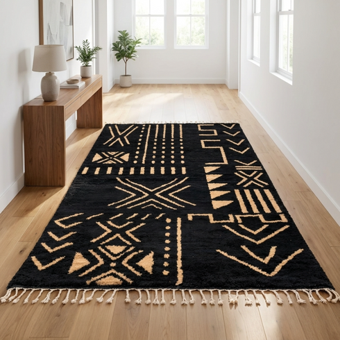 Authentic Moroccan Rug – High Pile Natural Wool Area Rug with Modern Abstract Tribal Geometric Pattern
