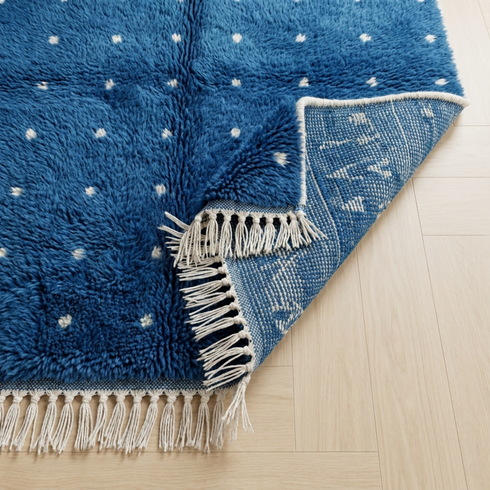 Vibrant Moroccan Rug – Plush Shaggy Wool Rug with Electric Blue & White Polka Dot Pattern