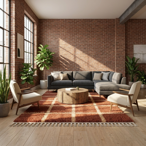 Beni Ourain Rug – Terracotta Plush Geometric Wool Rug