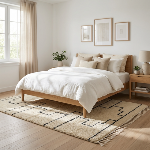 Beni Ourain Rug – Soft Shaggy Wool Area Rug with Tribal Geometric Design for Boho Interiors