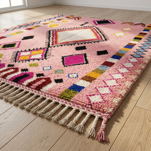 Authentic Handmade Boujaad Rug – Plush 100% Wool Moroccan Area Rug for Pink Boho Living Room Decor