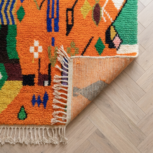 Azilal Rug – Orange Shaggy Striped Wool Rug