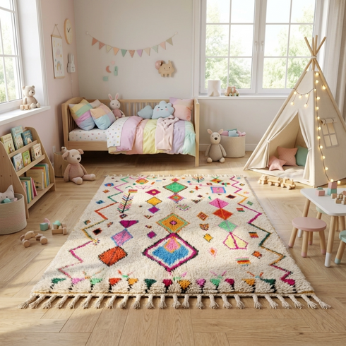 Azilal Rug – Multicolor Shaggy Diamond Wool Area Rug