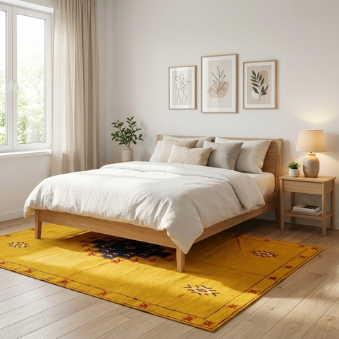 Vibrant Moroccan Kilim Rug - Flatweave Natural Wool Boho Decor - Mustard Yellow Tribal Motif