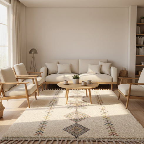 Handmade Moroccan Rug - Ivory Wool Carpet For Living Room Area