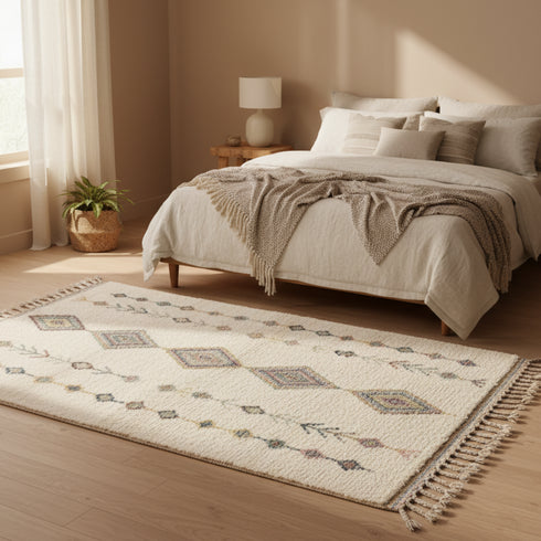 Handmade Moroccan Rug - Ivory Wool Carpet For Living Room Area