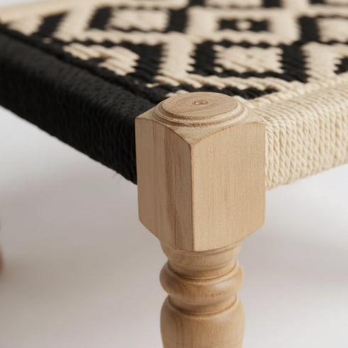 Handmade Moroccan Woven Stool - Black & Cream Geometric Rope