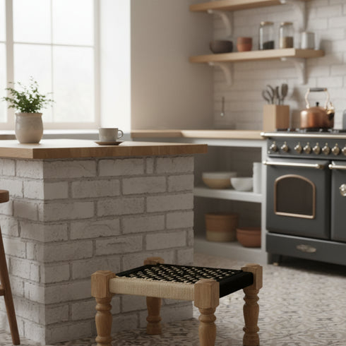 Handmade Moroccan Woven Stool - Black & Cream Geometric Rope