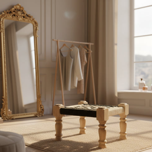 Handmade Moroccan Woven Stool - Black & Cream Geometric Rope