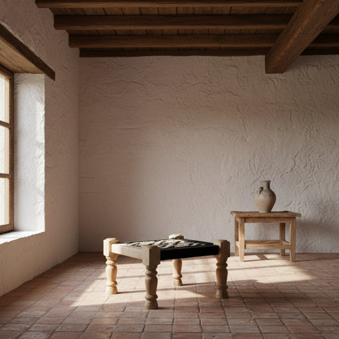 Handmade Moroccan Woven Stool - Black & Cream Geometric Rope