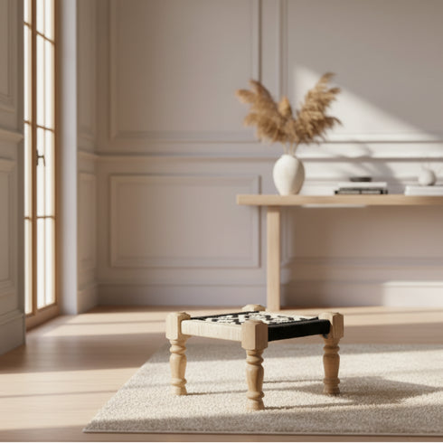 Handmade Moroccan Woven Stool - Black & Cream Geometric Rope