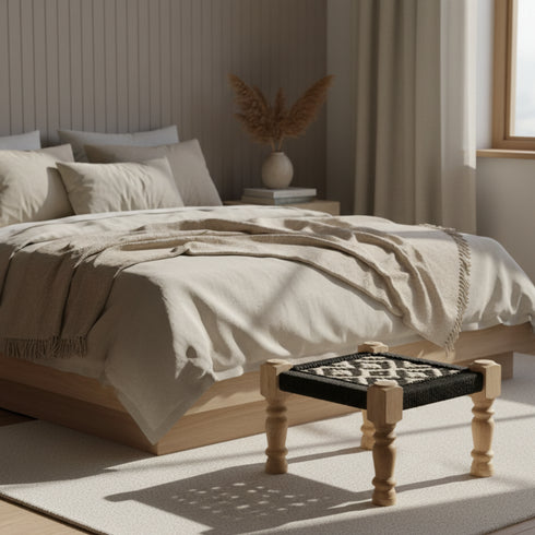 Handmade Moroccan Woven Stool - Black & Cream Geometric Rope