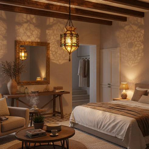 Moroccan Lamp with Colored Glass – Hanging Pendant Light (pl-2017)