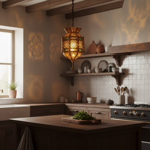 Moroccan Lamp with Colored Glass – Hanging Pendant Light (pl-2017)