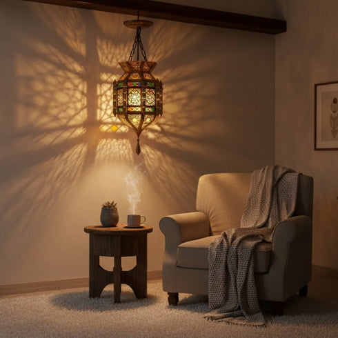 Moroccan Lamp with Colored Glass – Hanging Pendant Light (pl-2017)