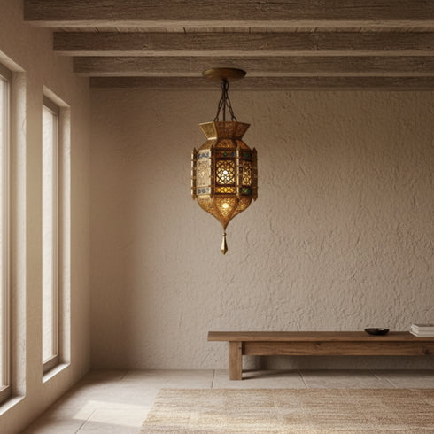 Moroccan Lamp with Colored Glass – Hanging Pendant Light (pl-2017)