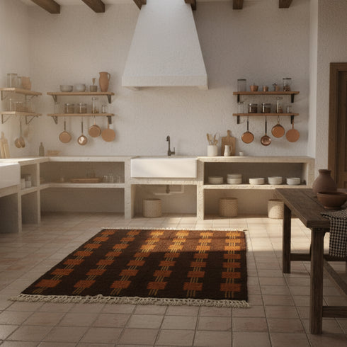 Brown Moroccan Wool Rug – Vertical Orange Geometric Square Pattern