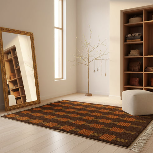 Brown Moroccan Wool Rug – Vertical Orange Geometric Square Pattern
