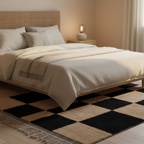 Moroccan Checker Wool Rug - Black Beige Geometric Berber Carpet