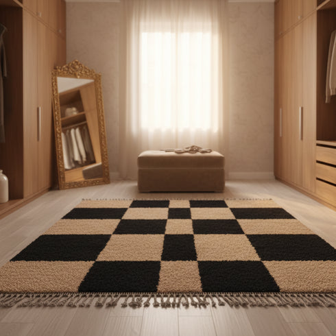 Moroccan Checker Wool Rug - Black Beige Geometric Berber Carpet