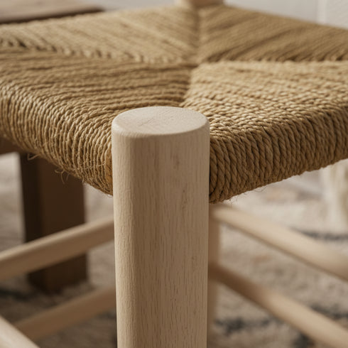 Moroccan Stool In Wood And beige Rope - Handmade boho furniture