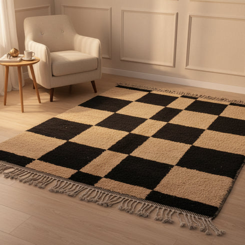 Moroccan Checker Wool Rug - Black Beige Geometric Berber Carpet