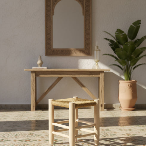 Moroccan Stool In Wood And beige Rope - Handmade boho furniture