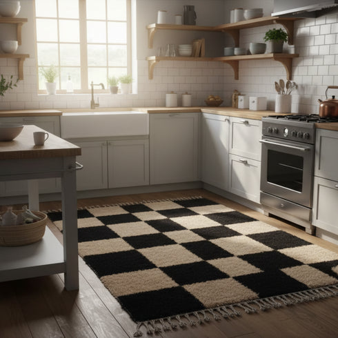 Moroccan Checker Wool Rug - Black Beige Geometric Berber Carpet